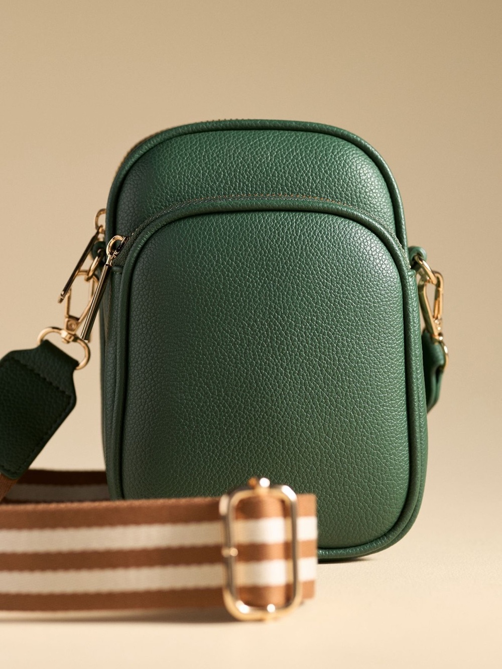 Anthropologie Forest Green Pebbled Crossbody with Striped Strap